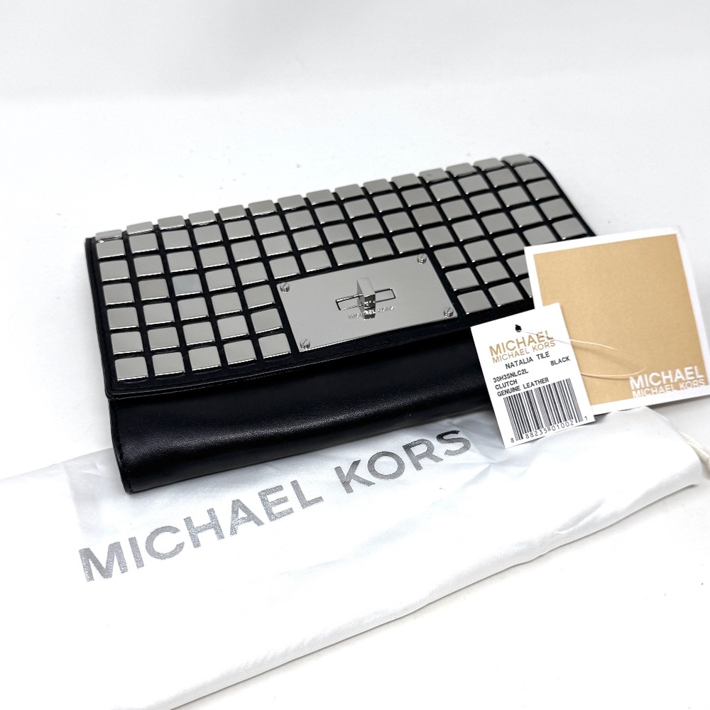 Michael Kors Natalie Tile Genuine Black Leather Clutch NWT